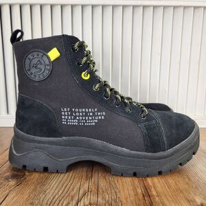 Skechers Bobs Broadies Combat Cutie Boots Womens Sz 8.5 Black Yellow Suede Ankle